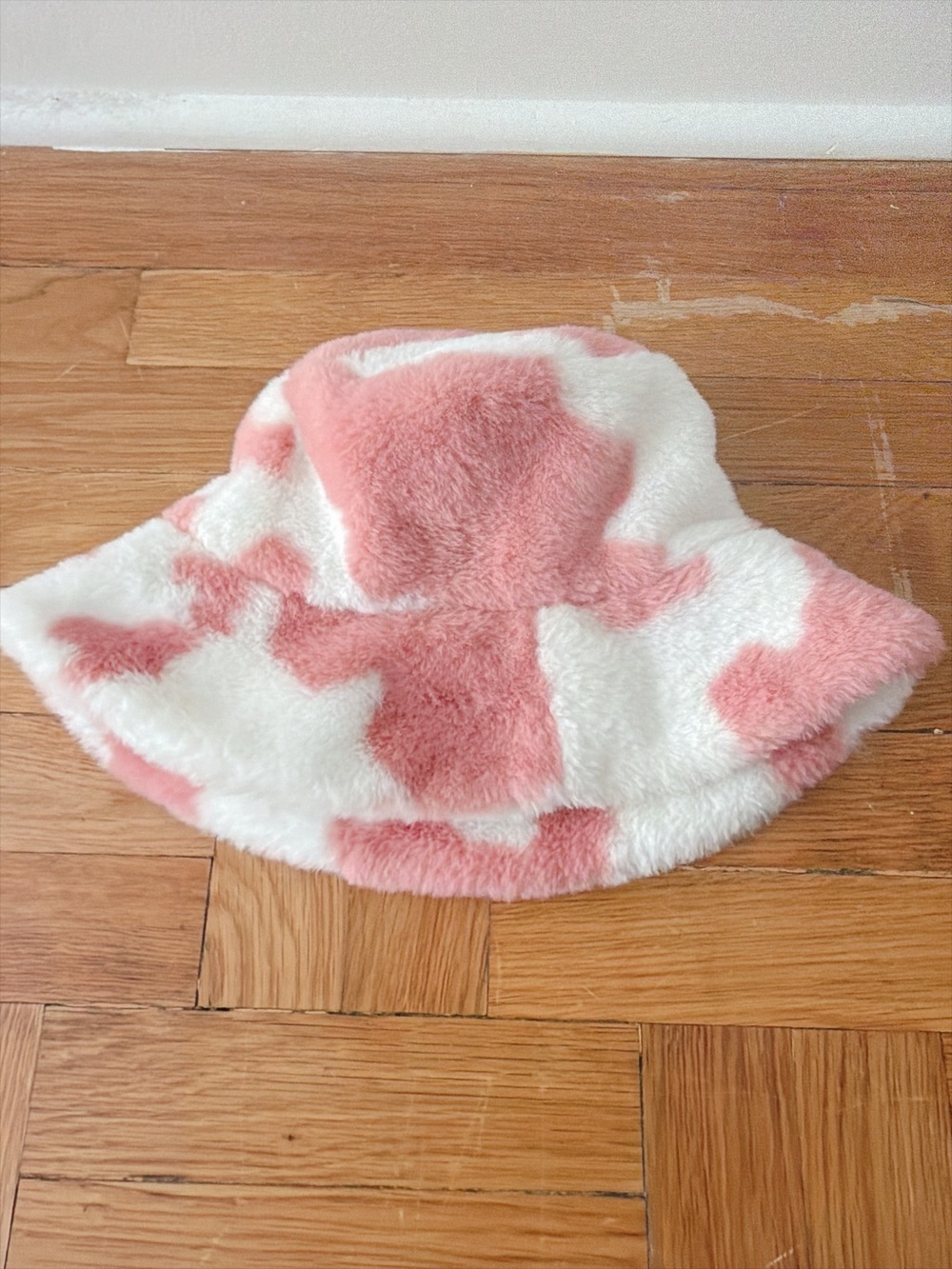 Pink and White Cow Plush Bucket Hat